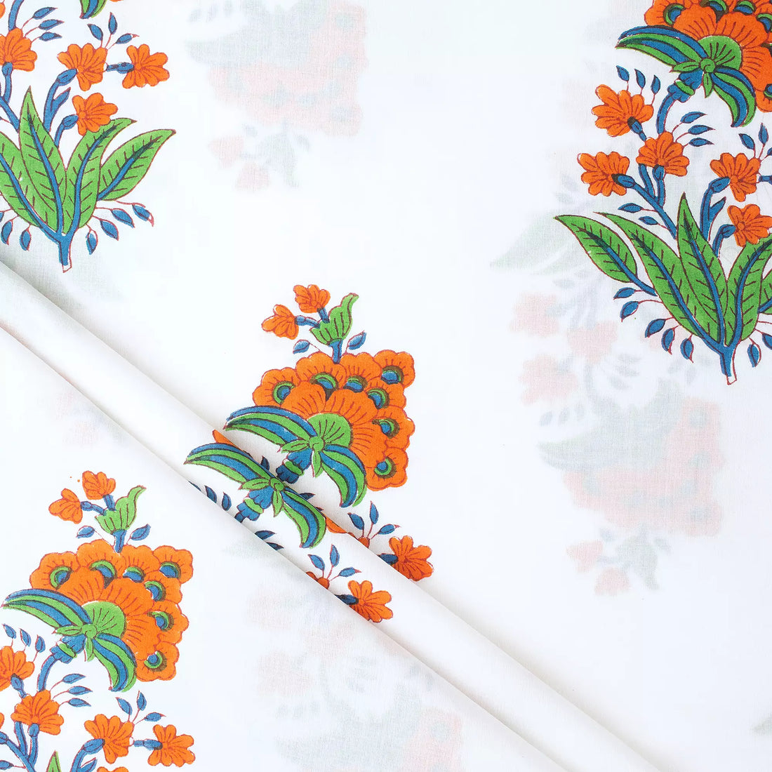 Premium Orange Floral Hand Block Print Fabric