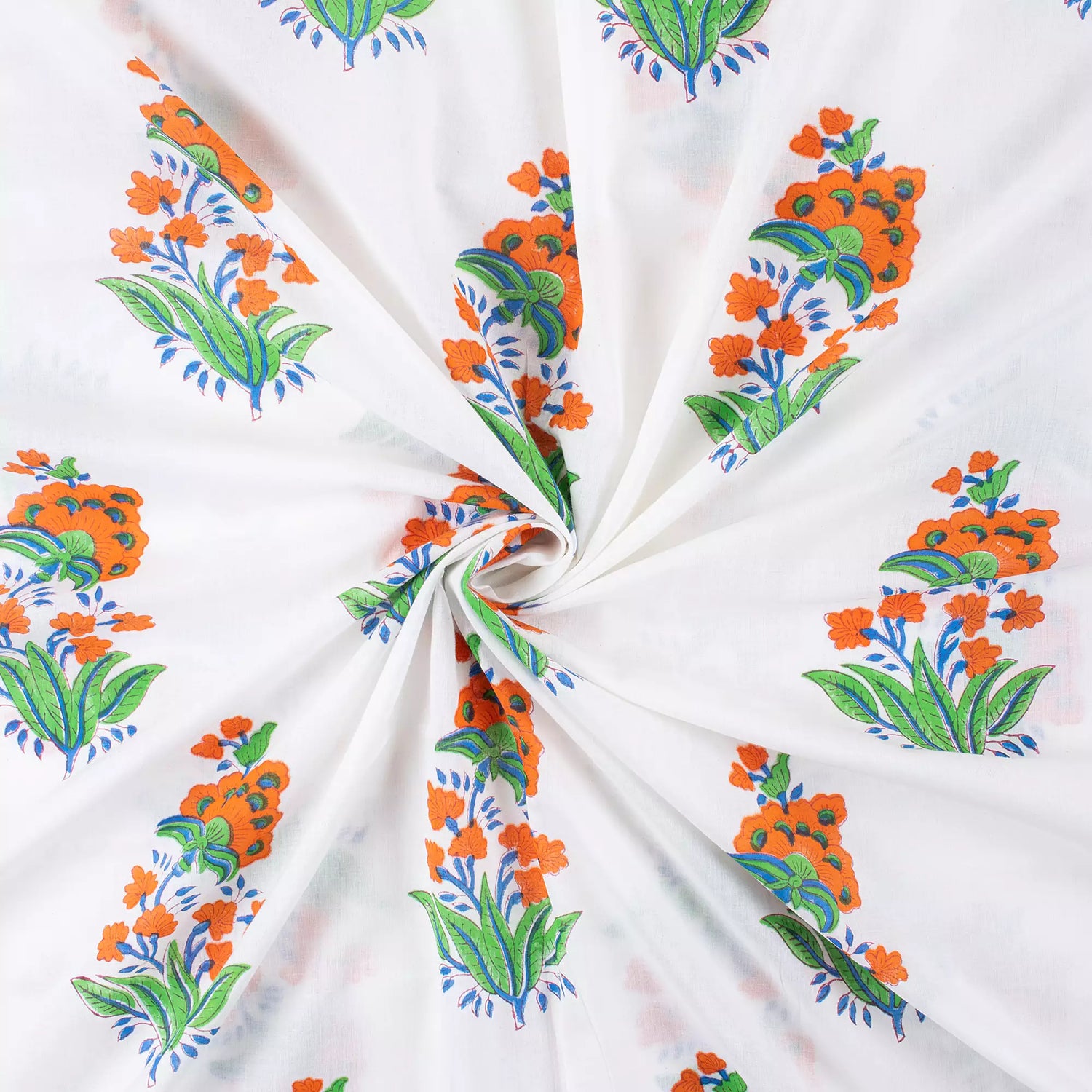 Premium Orange Floral Hand Block Print Fabric