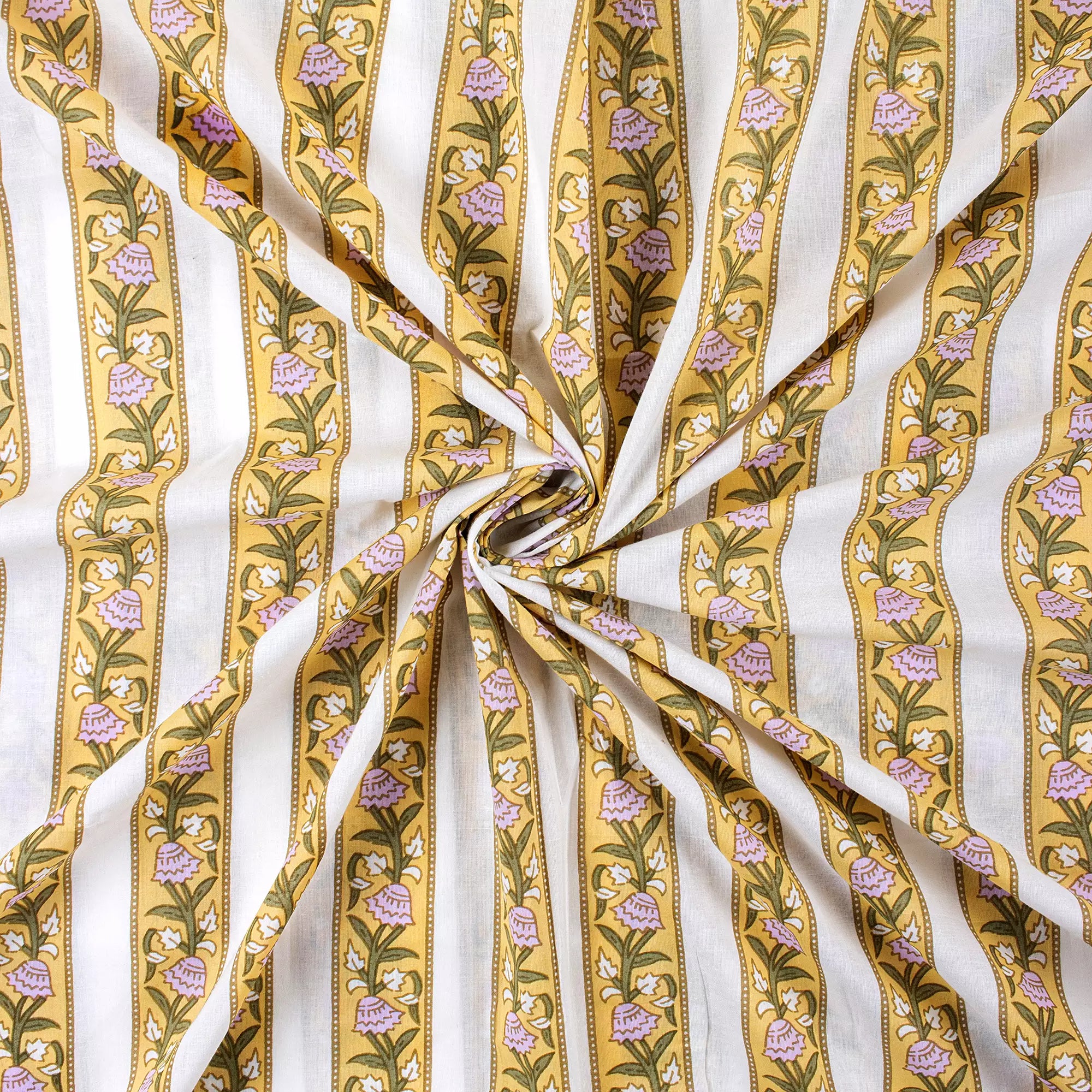 Yellow Stripe Hand Block Printed Indian Fabric