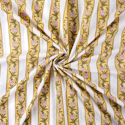 Yellow Stripe Hand Block Printed Indian Fabric