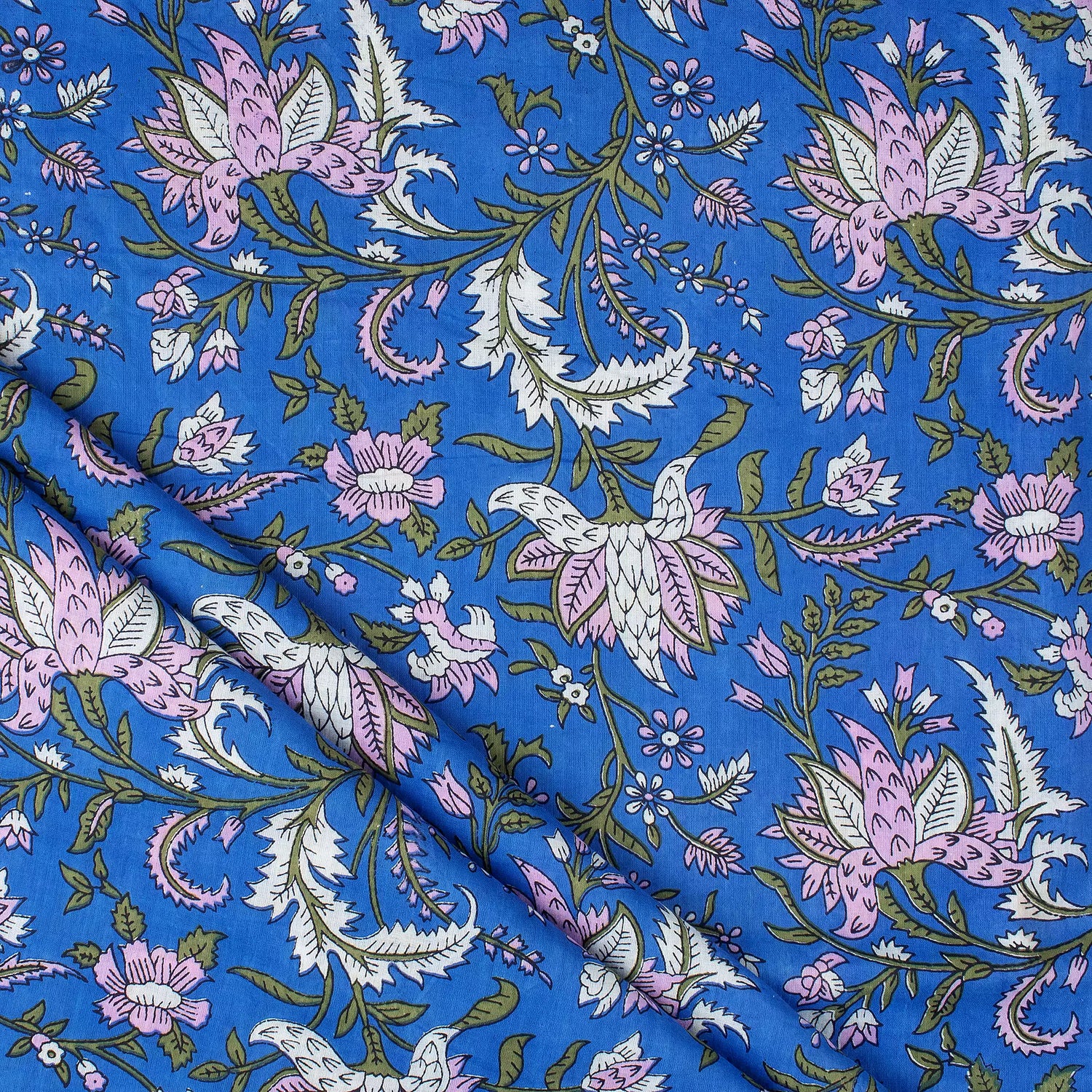 Blue Floral Hand Block Printed Fabric for Women