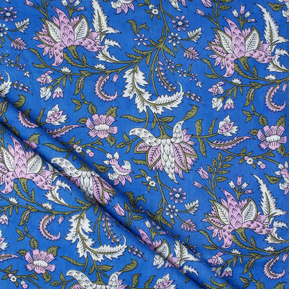 Blue Floral Hand Block Printed Fabric for Women