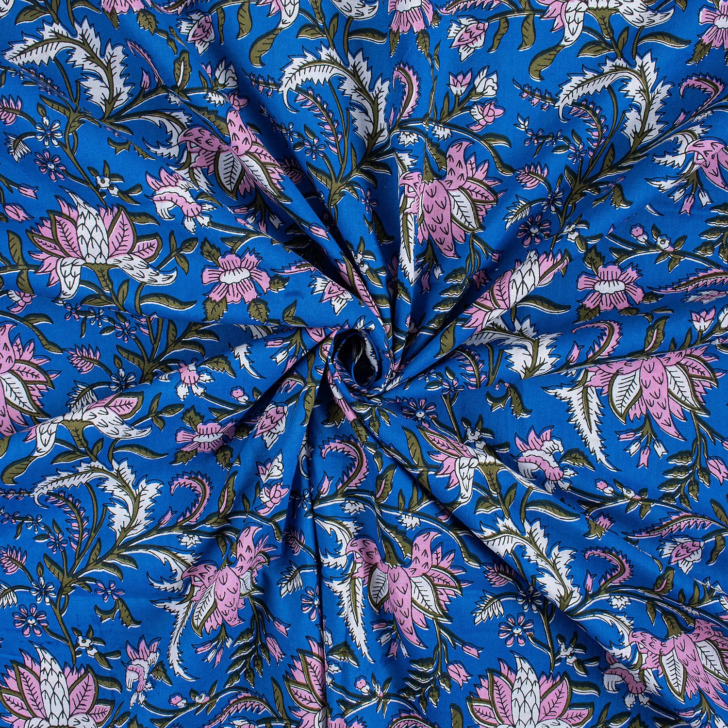 Blue Floral Hand Block Printed Fabric for Women