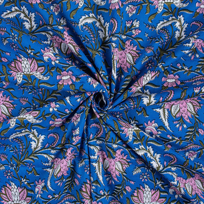 Blue Floral Hand Block Printed Fabric for Women
