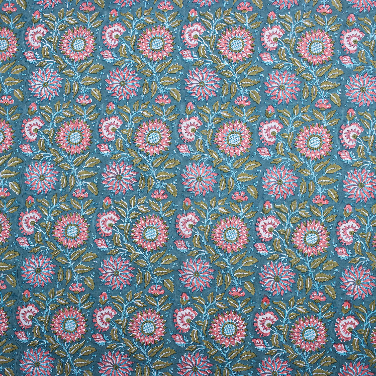 Indian Green Floral Hand Block Printed Organic Fabric