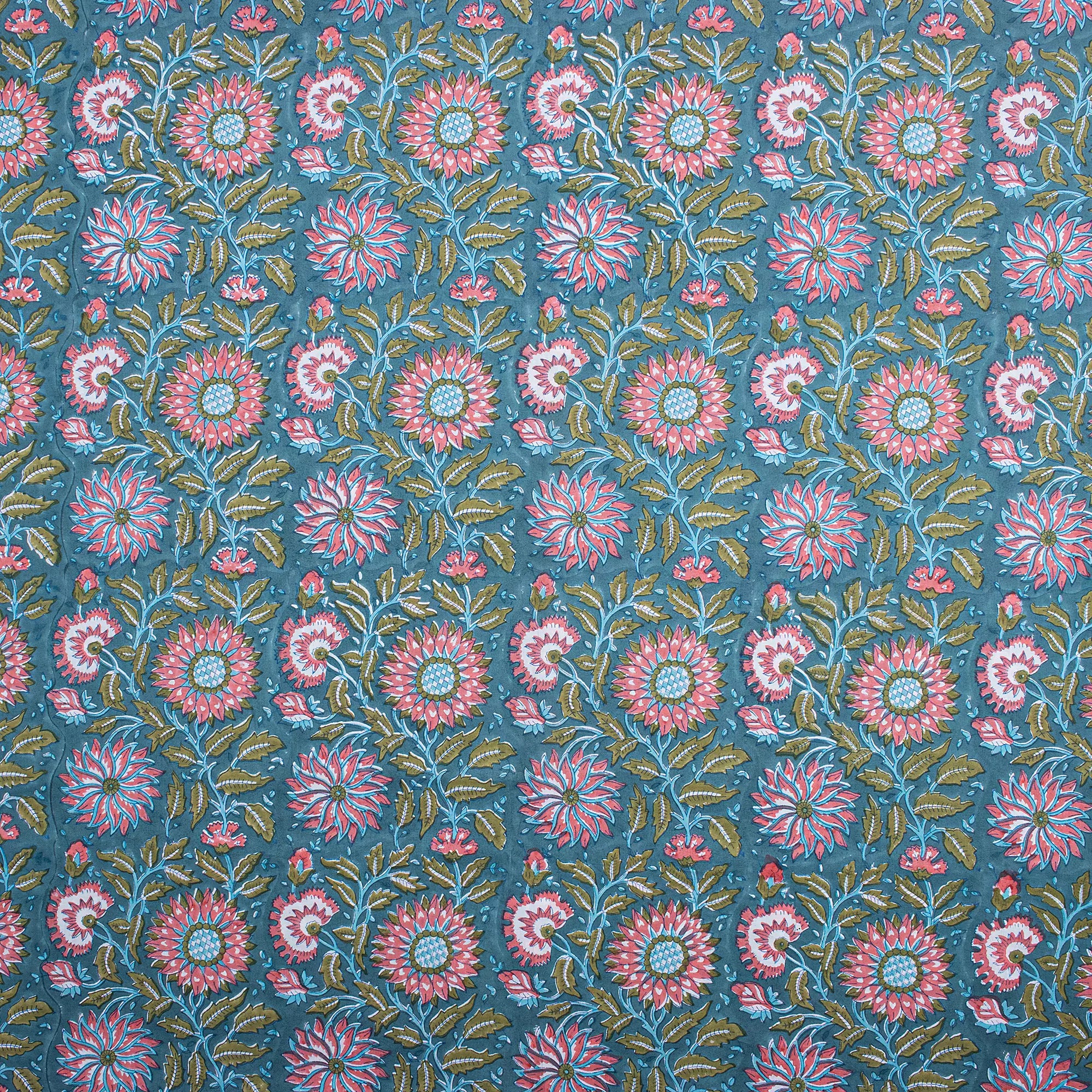 Indian Green Floral Hand Block Printed Organic Fabric