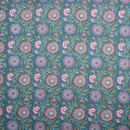 Indian Green Floral Hand Block Printed Organic Fabric