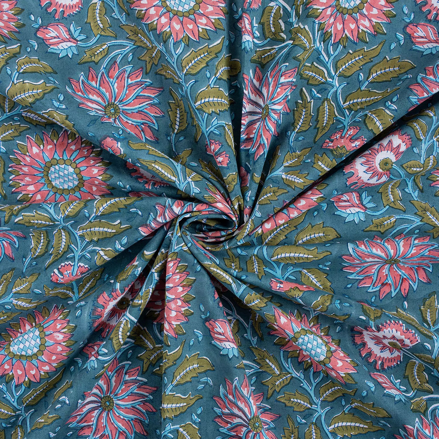 Indian Green Floral Hand Block Printed Organic Fabric