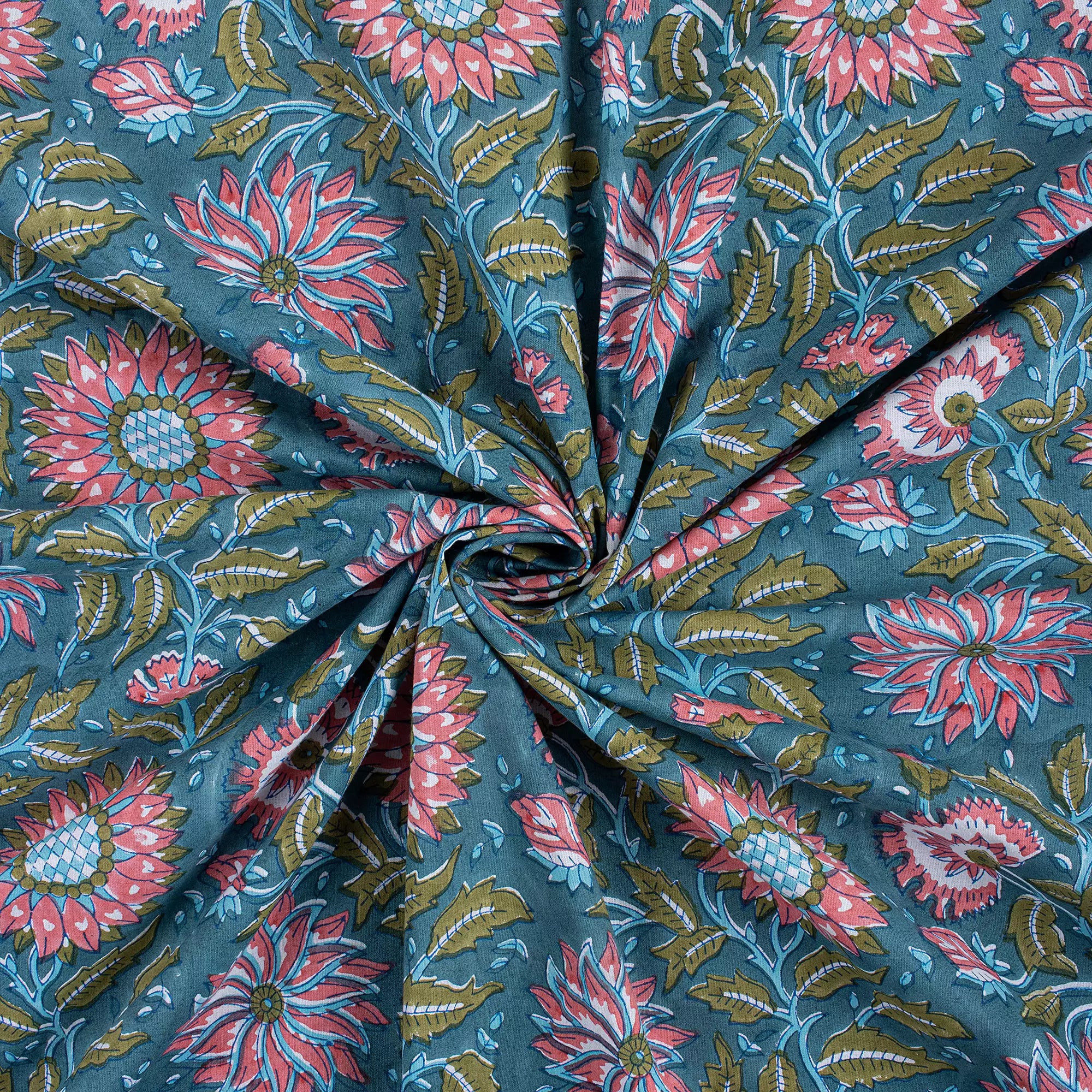 Indian Green Floral Hand Block Printed Organic Fabric