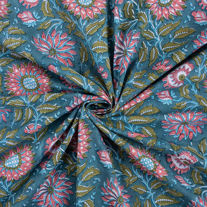 Indian Green Floral Hand Block Printed Organic Fabric