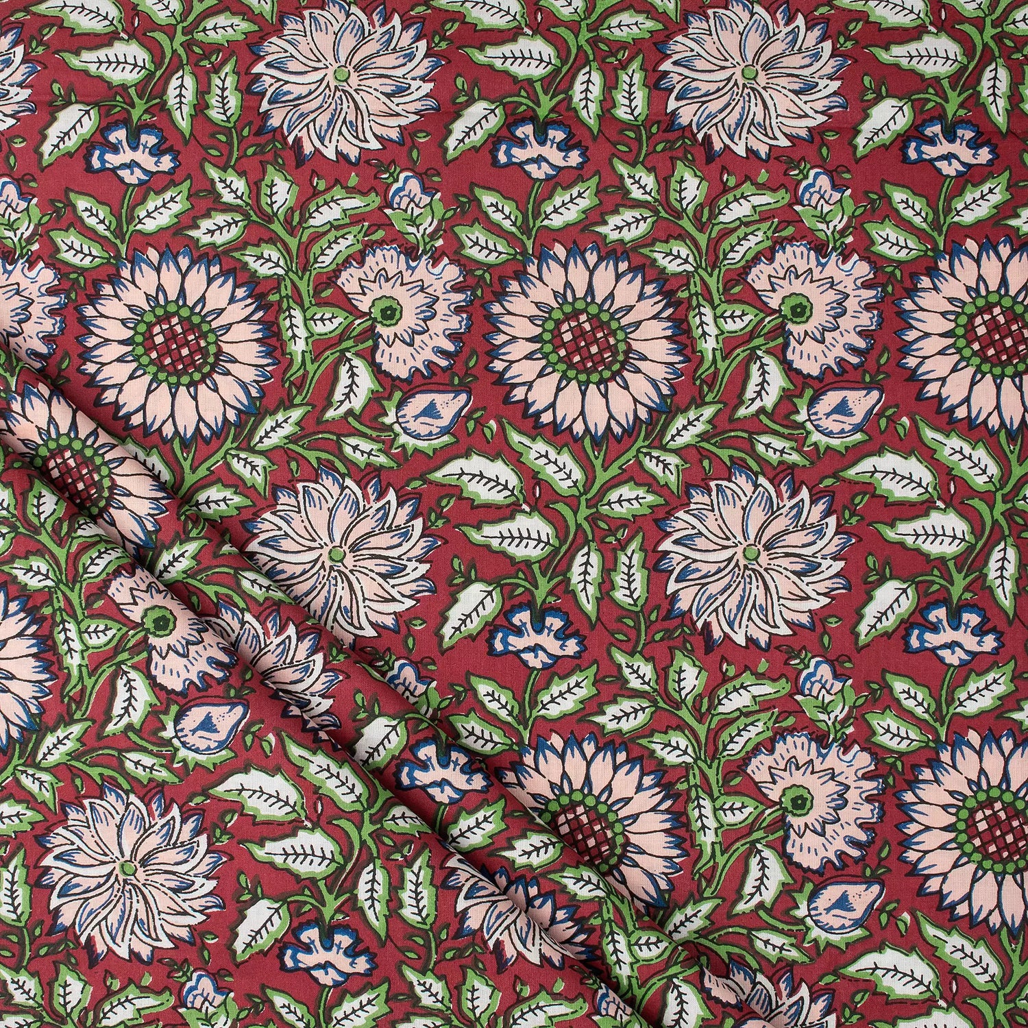Red Floral Hand Block Printed Organic Cotton Fabric