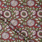 Red Floral Hand Block Printed Organic Cotton Fabric