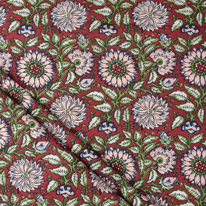 Red Floral Hand Block Printed Organic Cotton Fabric