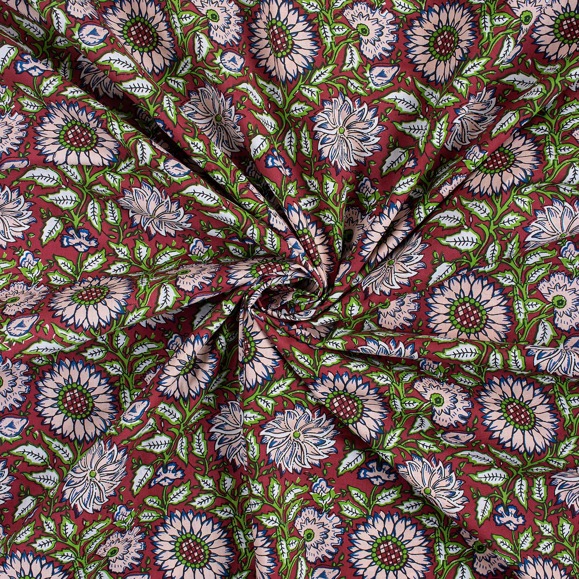 Red Floral Hand Block Printed Organic Cotton Fabric