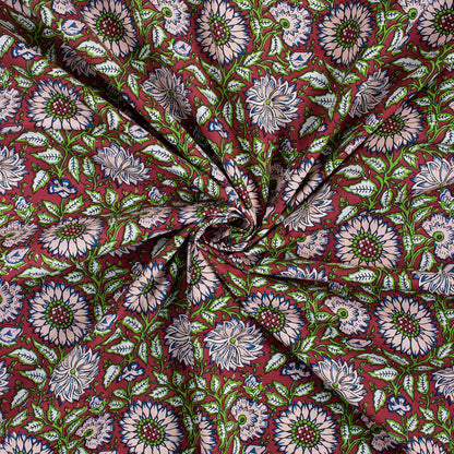 Red Floral Hand Block Printed Organic Cotton Fabric