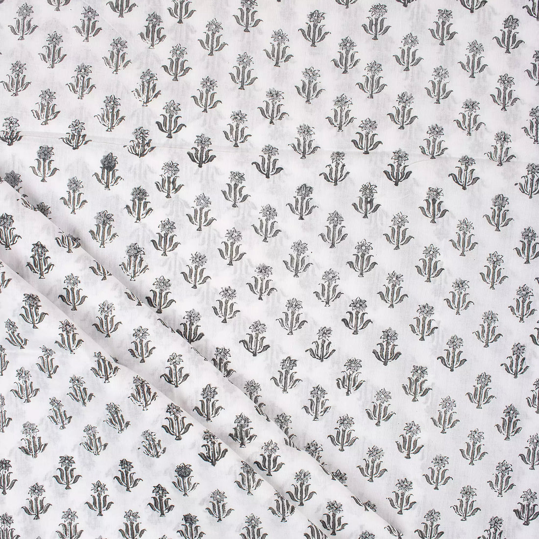 Gray Floral Hand Block Print Fabric for Daily Wear Cloth