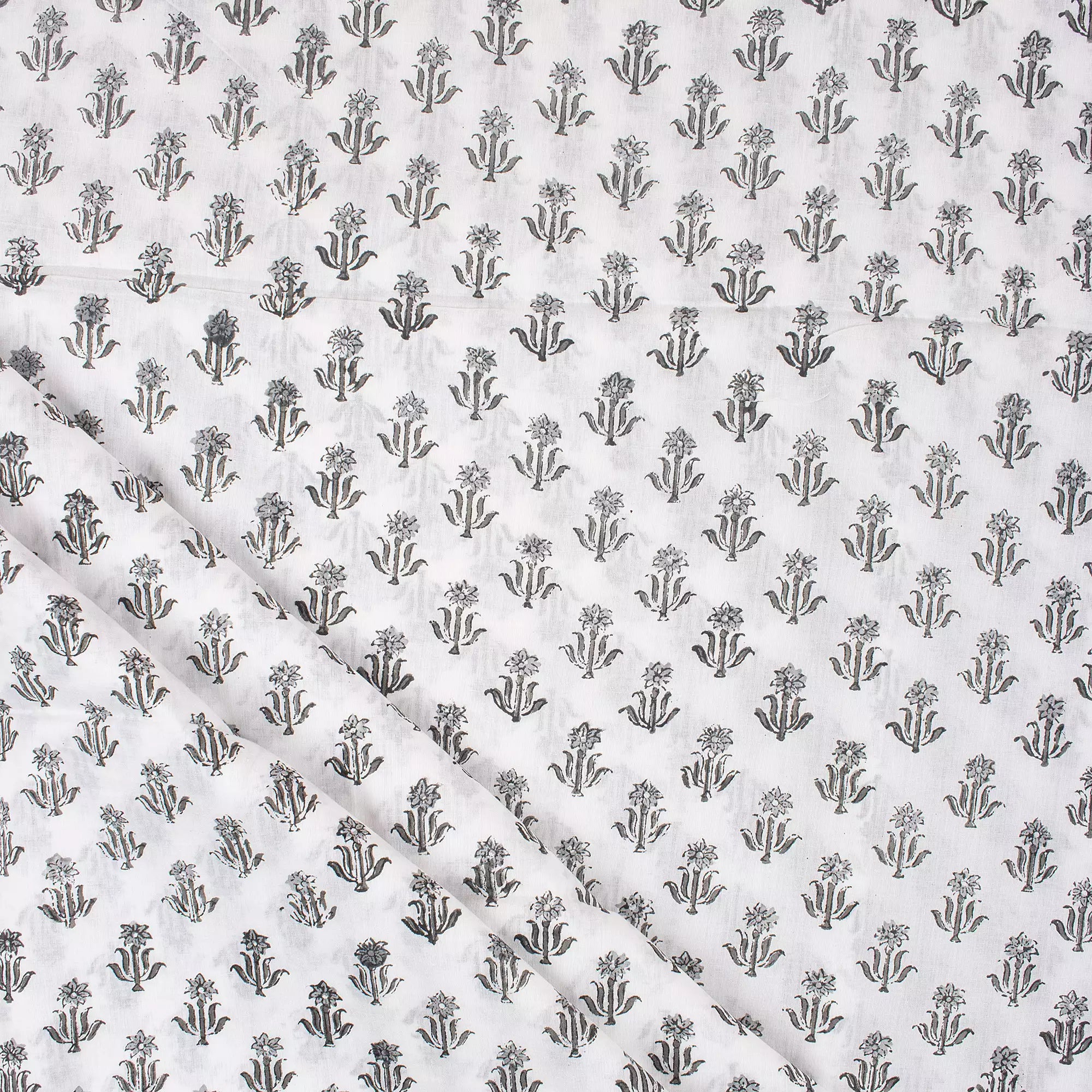 Gray Floral Hand Block Print Fabric for Daily Wear Cloth