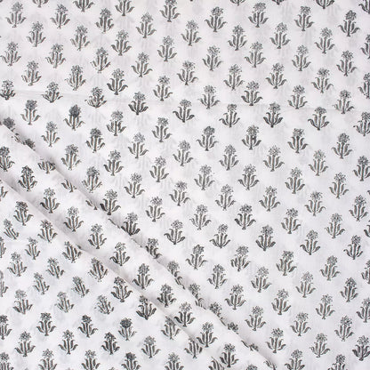 Gray Floral Hand Block Print Fabric for Daily Wear Cloth