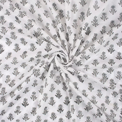 Gray Floral Hand Block Print Fabric for Daily Wear Cloth