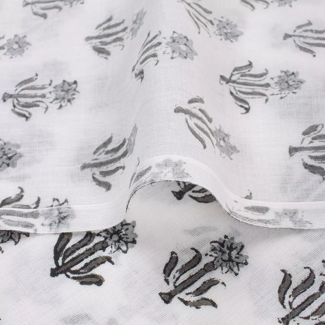 Gray Floral Hand Block Print Fabric for Daily Wear Cloth