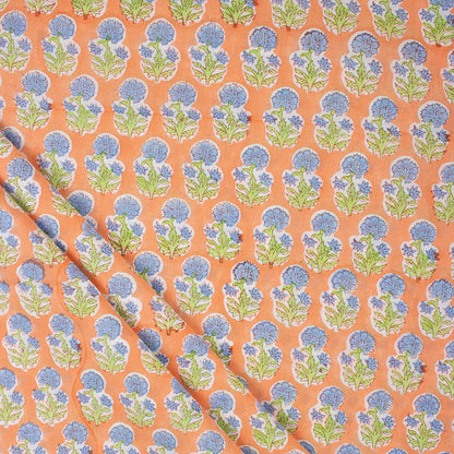 Indian Blue Floral Cotton Hand Block Print Fabric