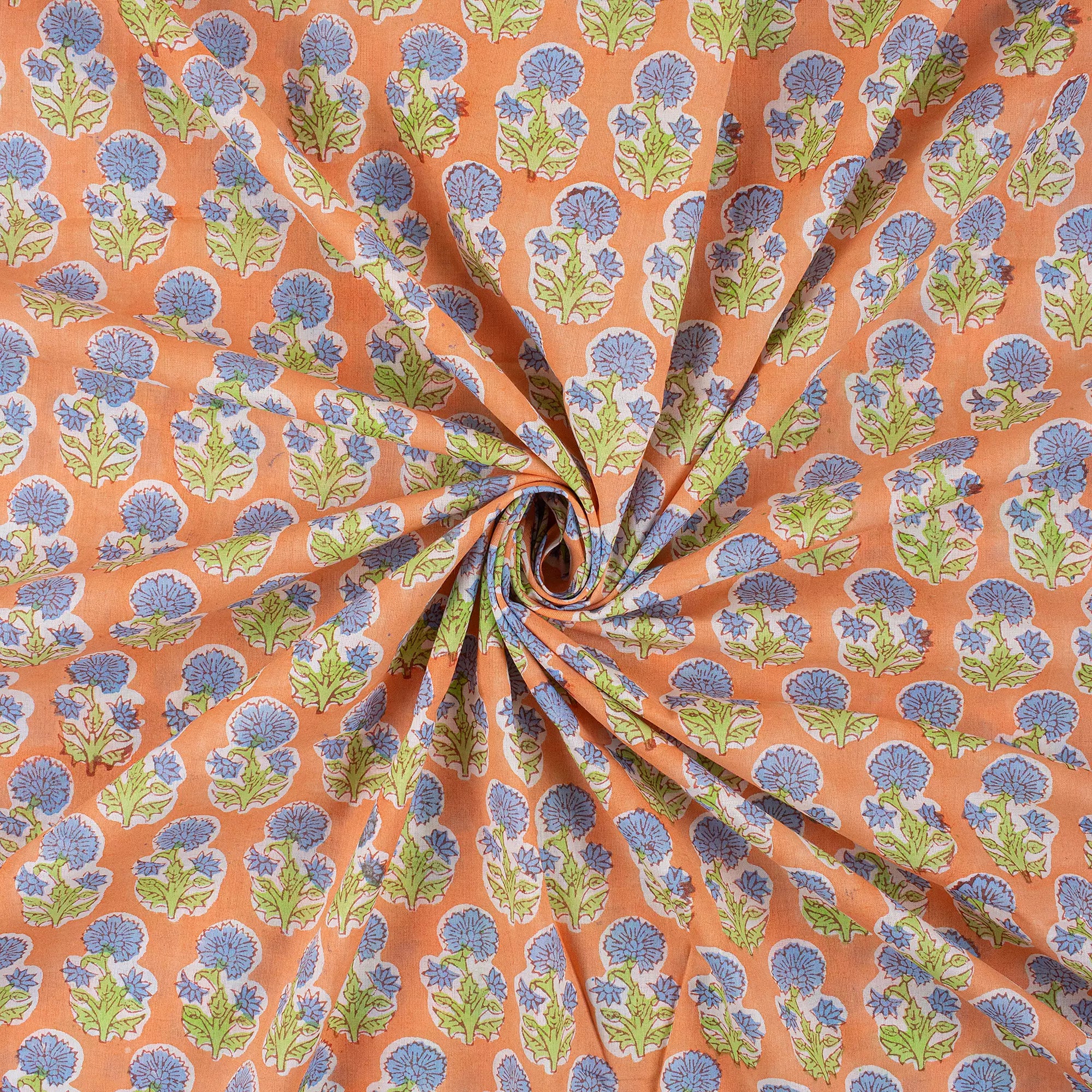 Indian Blue Floral Cotton Hand Block Print Fabric