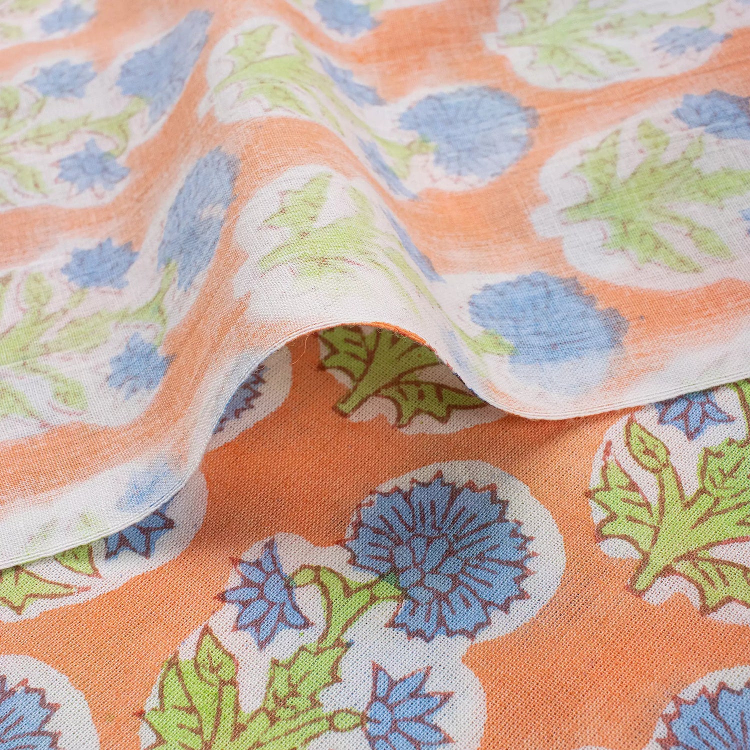 Indian Blue Floral Cotton Hand Block Print Fabric