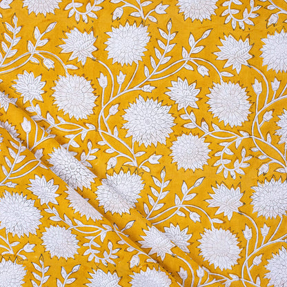 Mustard Yellow Hand Block Printed Floral Fabric