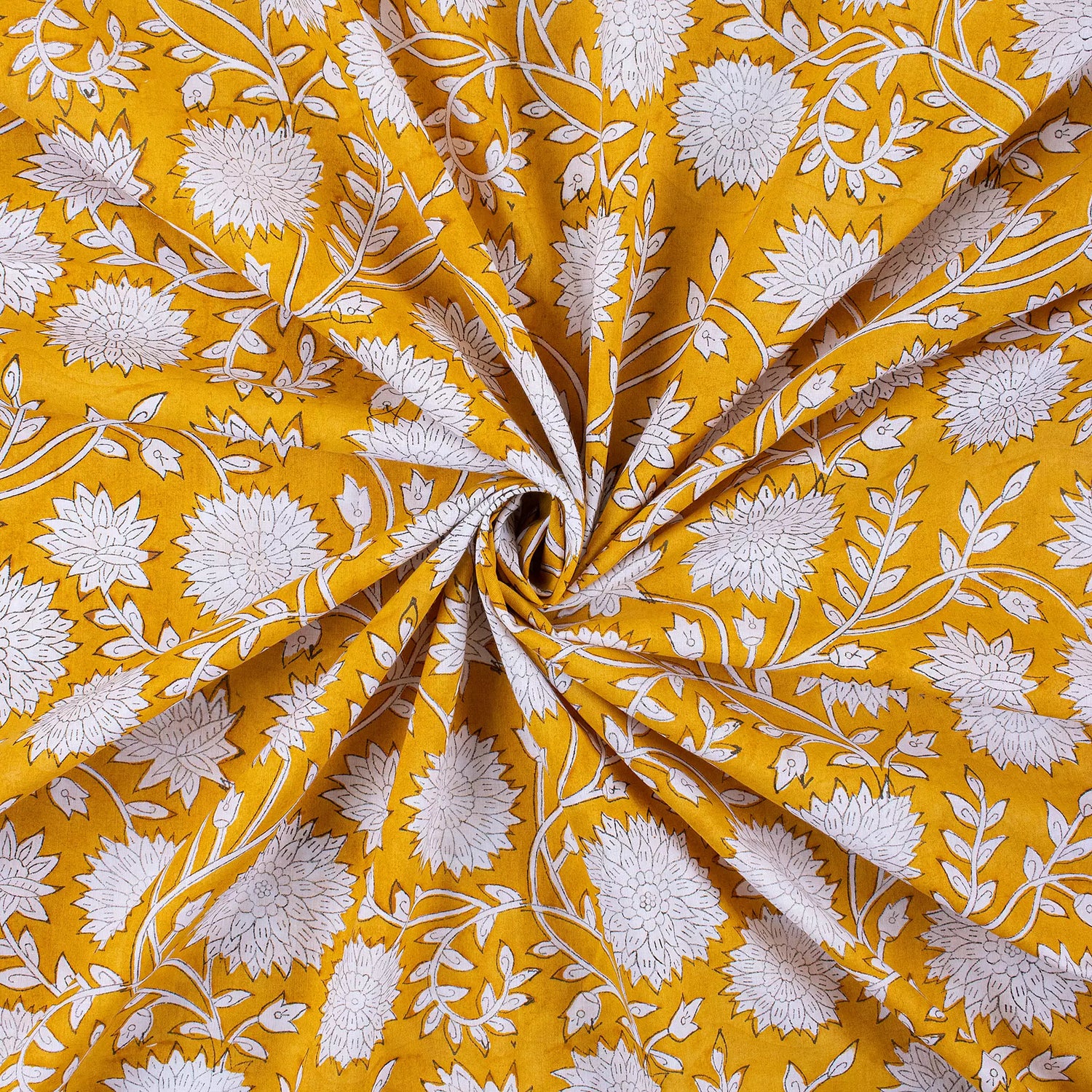 Mustard Yellow Hand Block Printed Floral Fabric