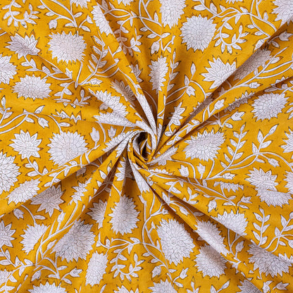 Mustard Yellow Hand Block Printed Floral Fabric