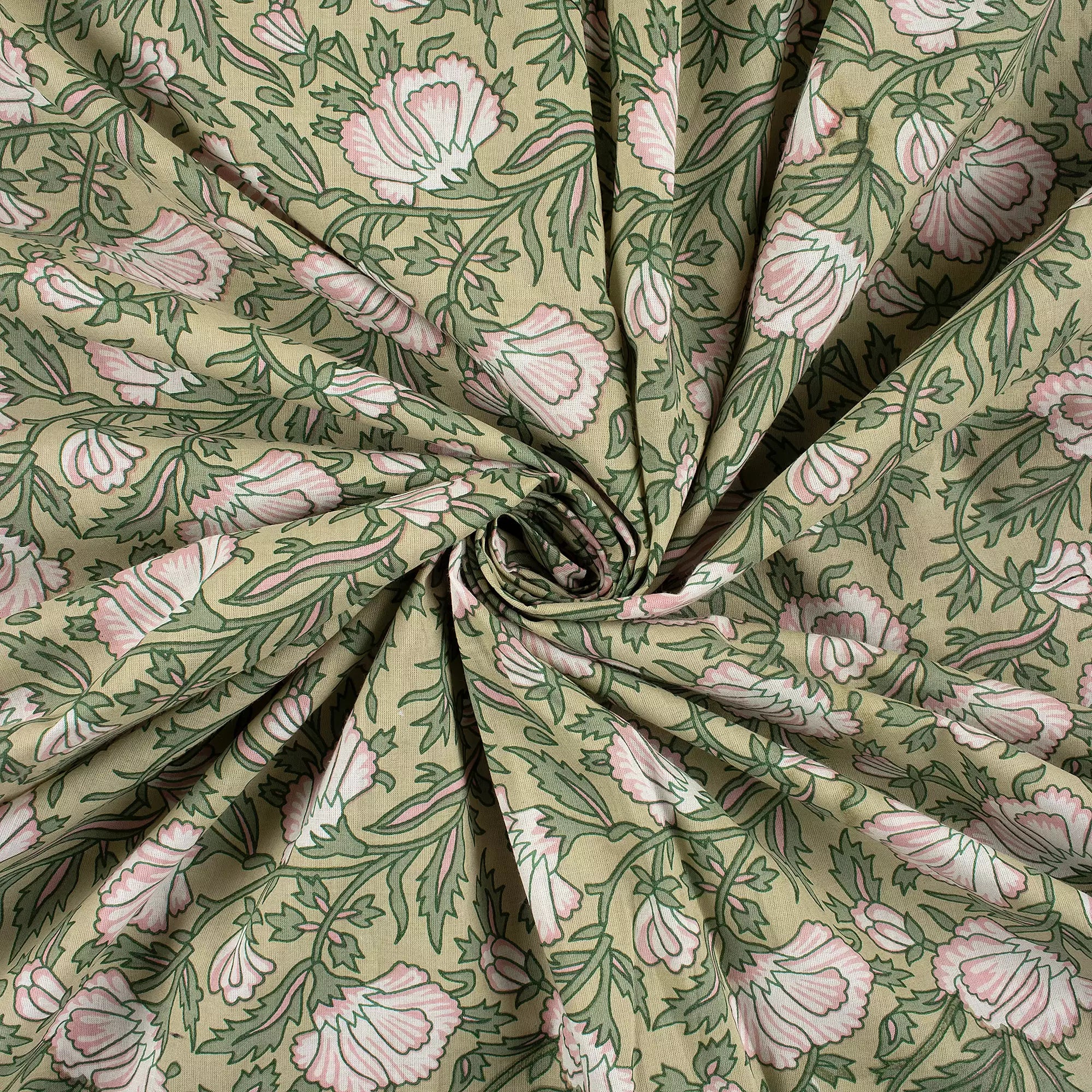 Premium Green Floral Hand Block Printed Fabric Online