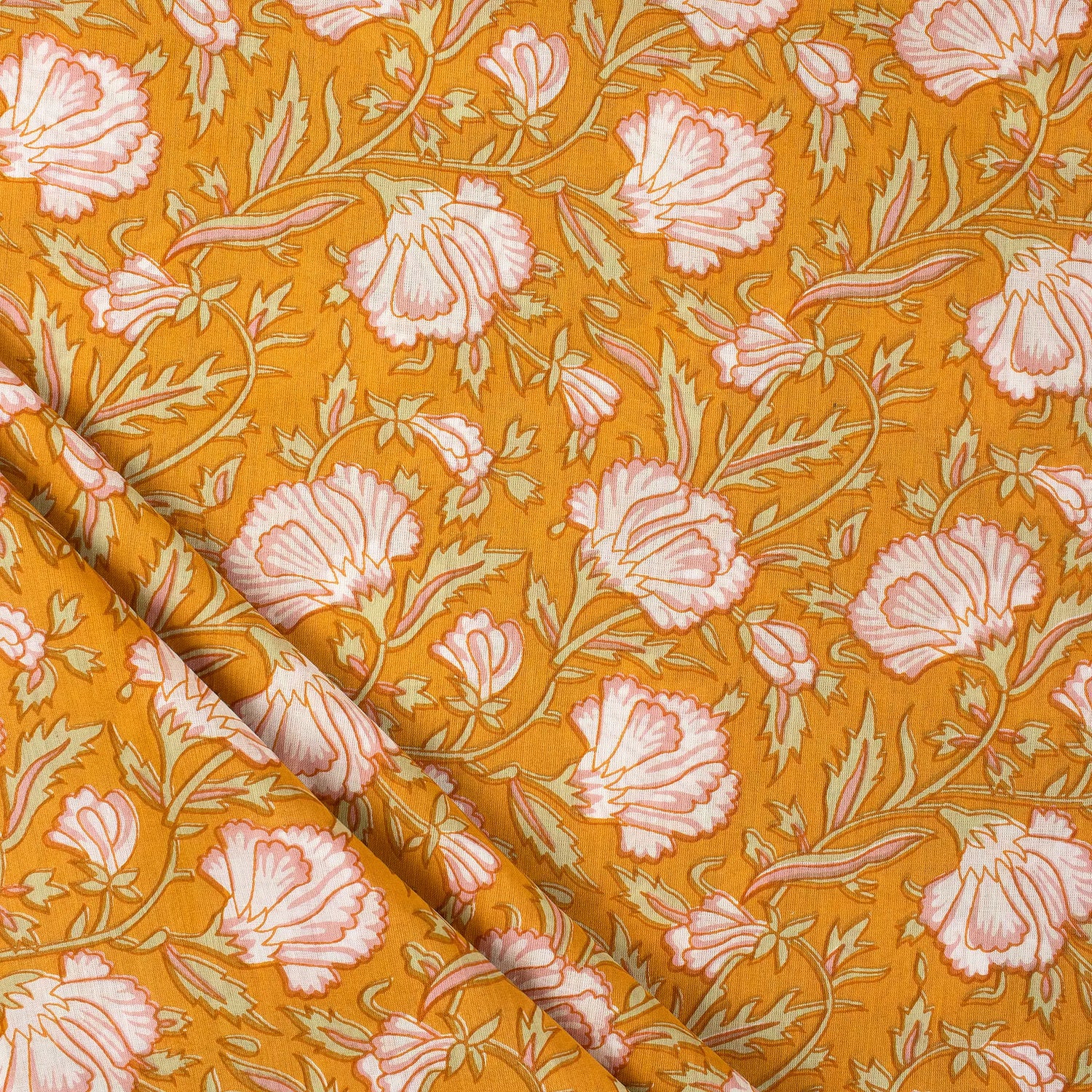 Orange Floral Hand Block Print Fabric Online