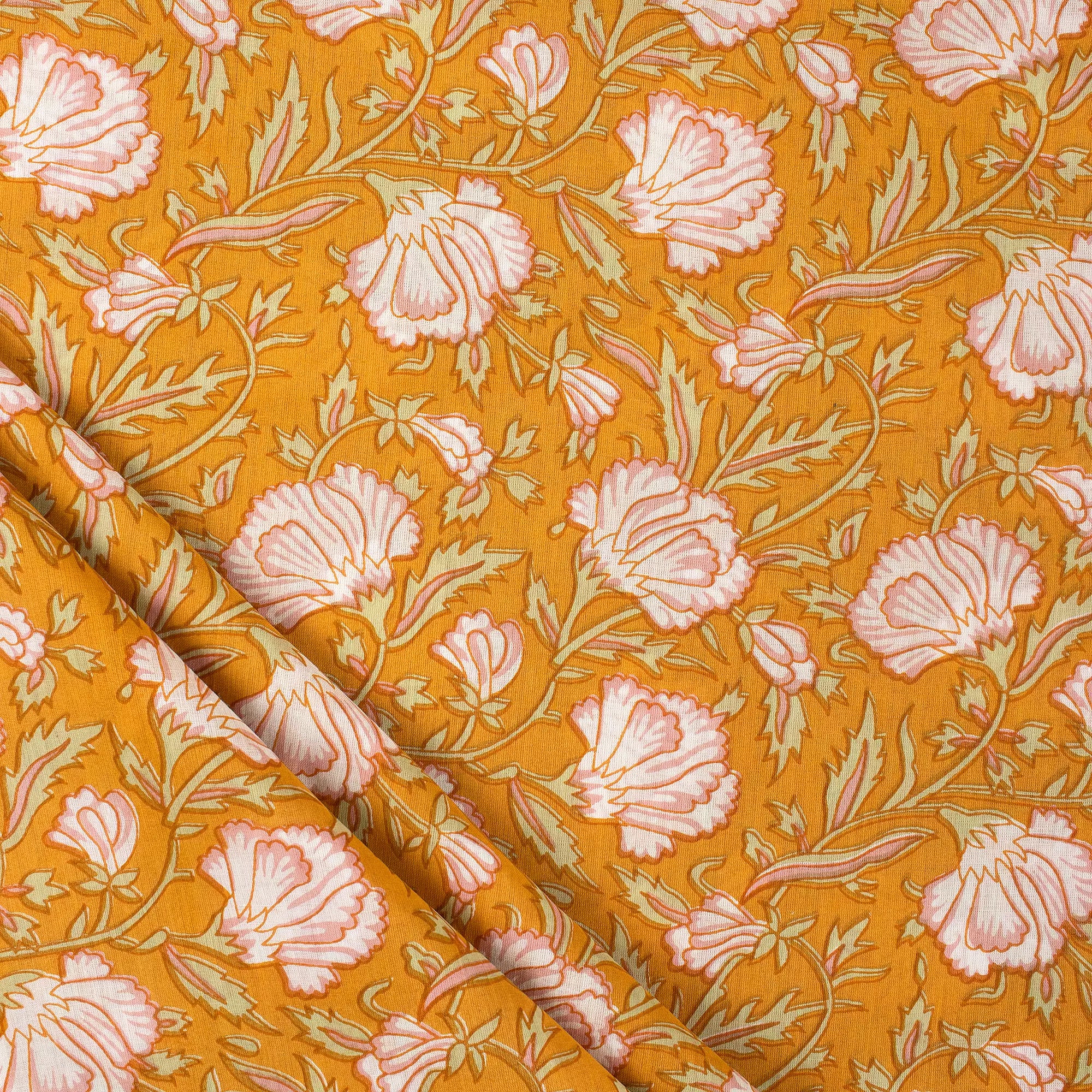 Orange Floral Hand Block Print Fabric Online