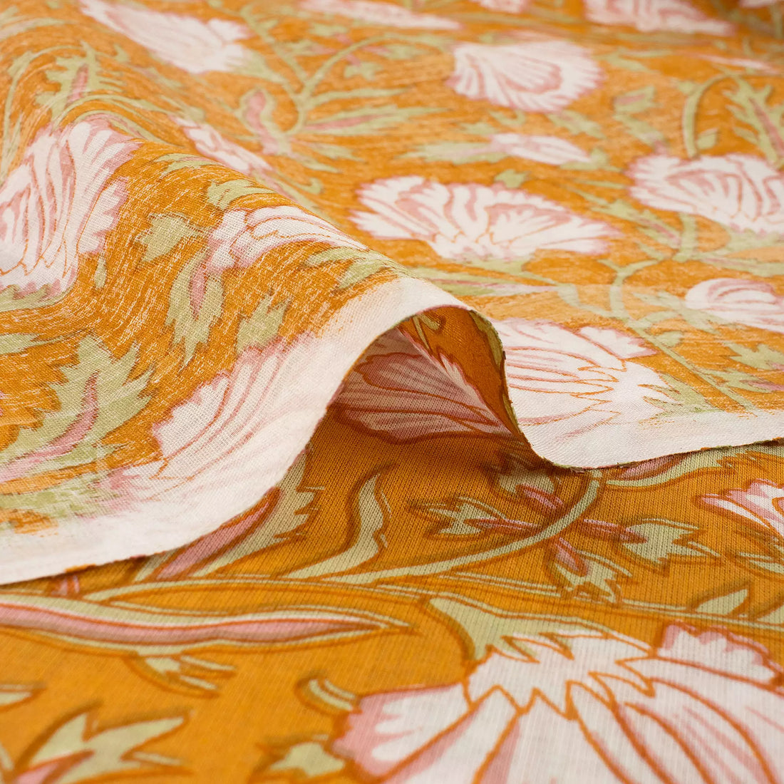 Orange Floral Hand Block Print Fabric Online