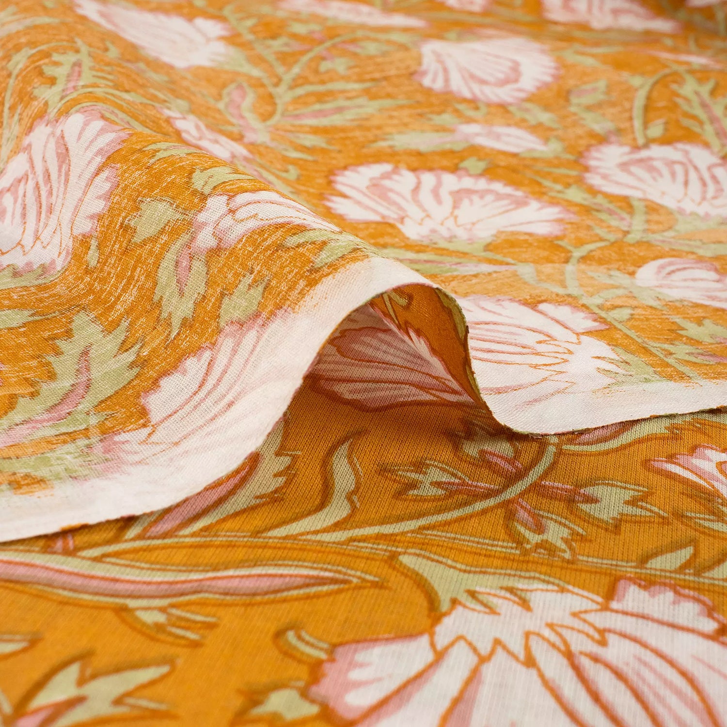 Orange Floral Hand Block Print Fabric Online