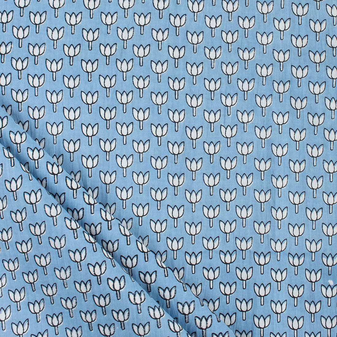 Online Blue Lotus Hand Block Print Fabric for Kurti