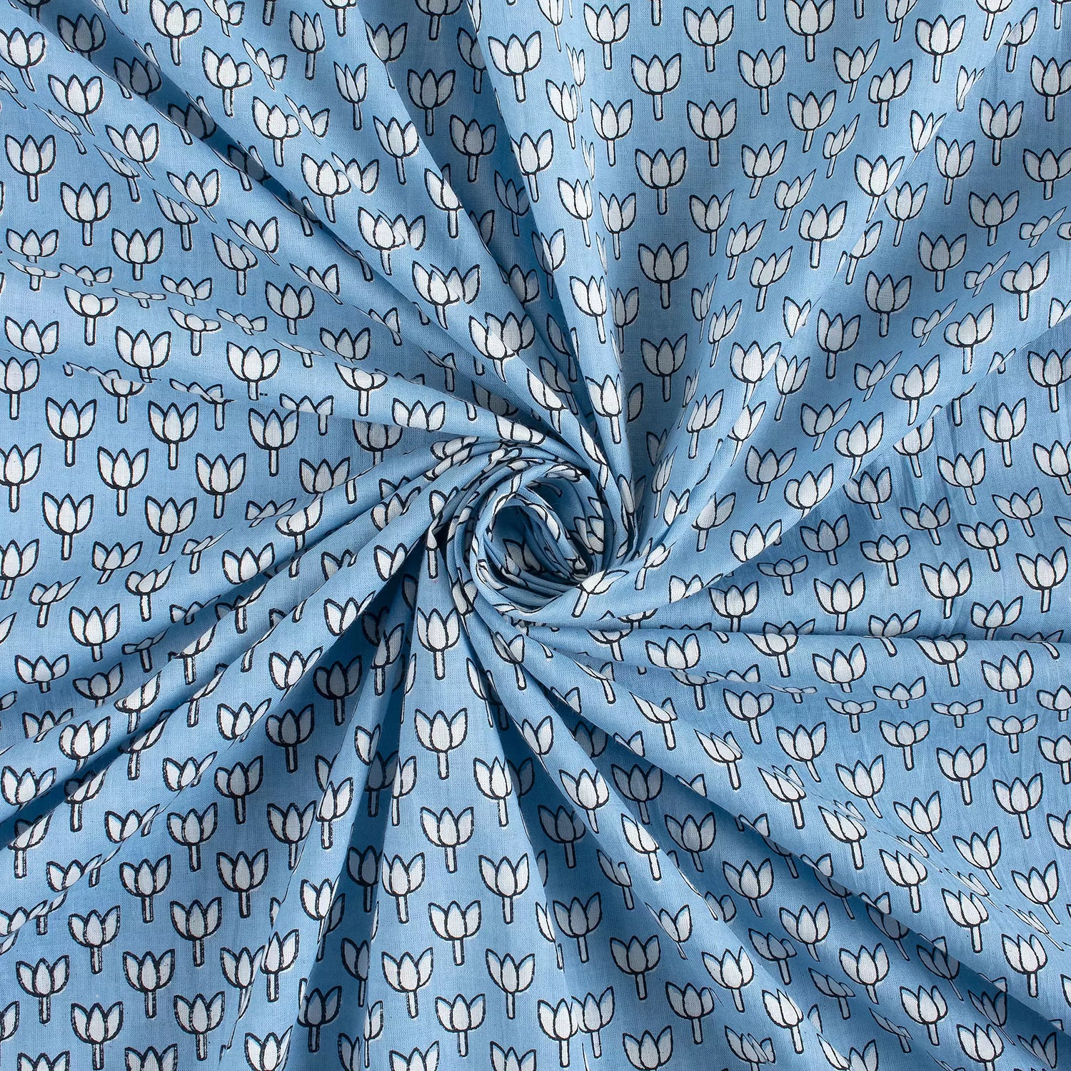 Online Blue Lotus Hand Block Print Fabric for Kurti