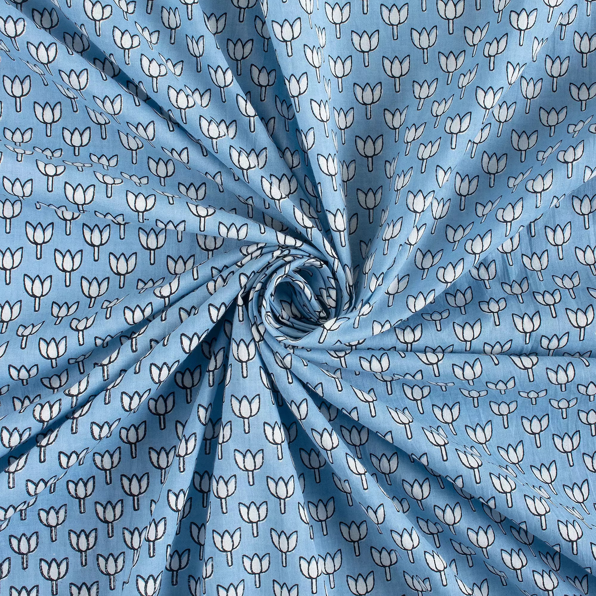 Online Blue Lotus Hand Block Print Fabric for Kurti