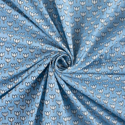 Online Blue Lotus Hand Block Print Fabric for Kurti