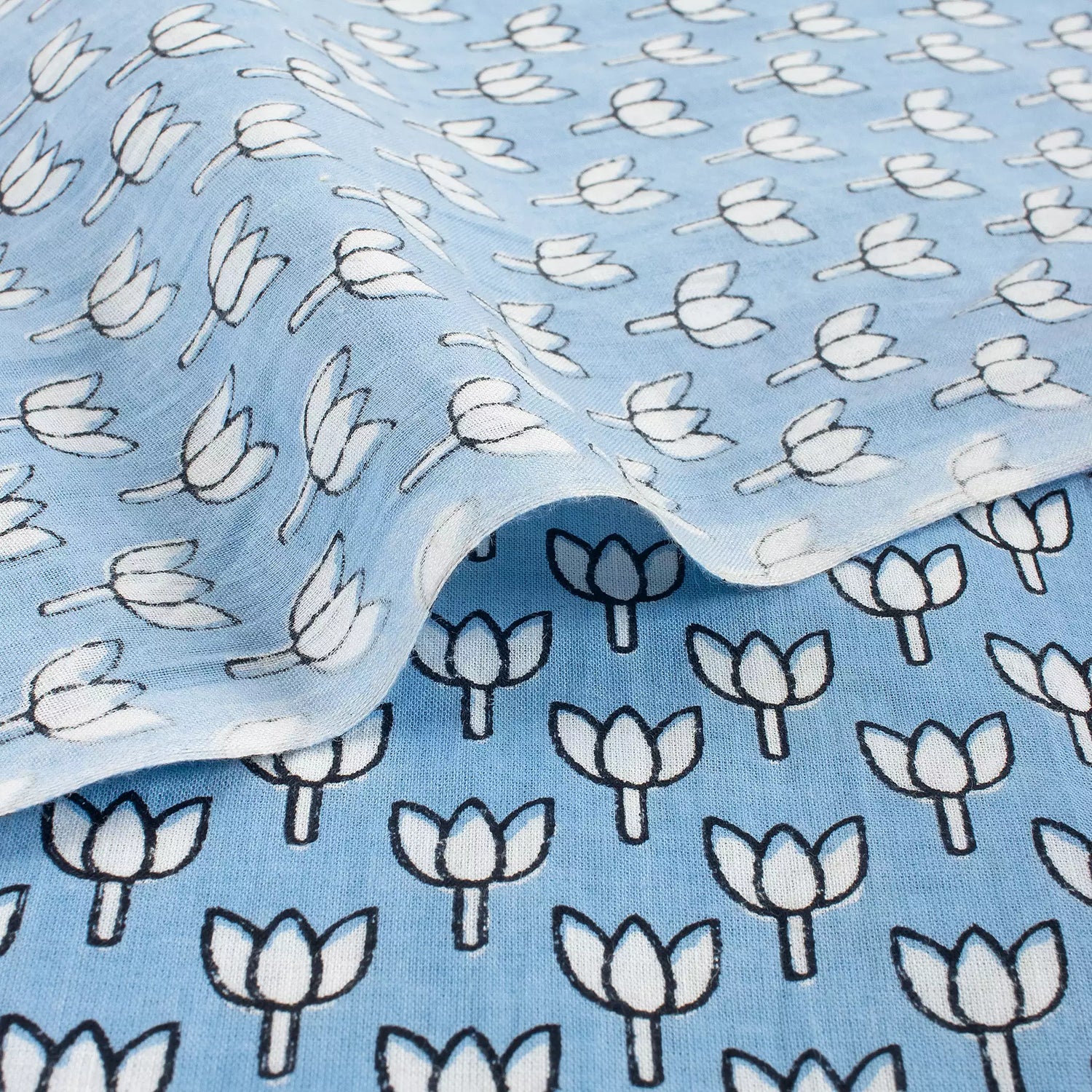 Online Blue Lotus Hand Block Print Fabric for Kurti