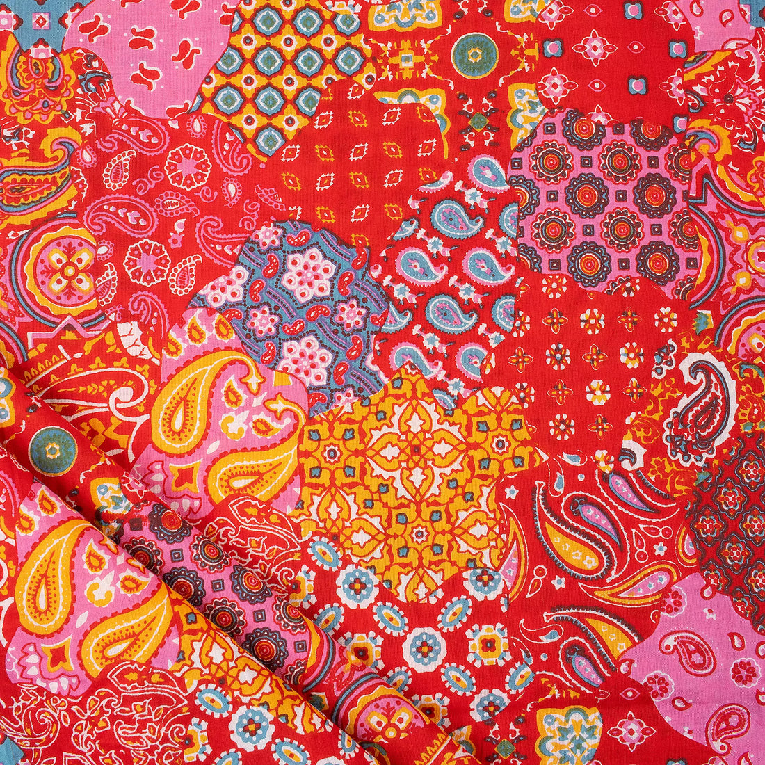 Orange Patchwork Hand Block Printed Fabric Online