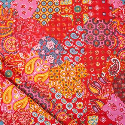Orange Patchwork Hand Block Printed Fabric Online