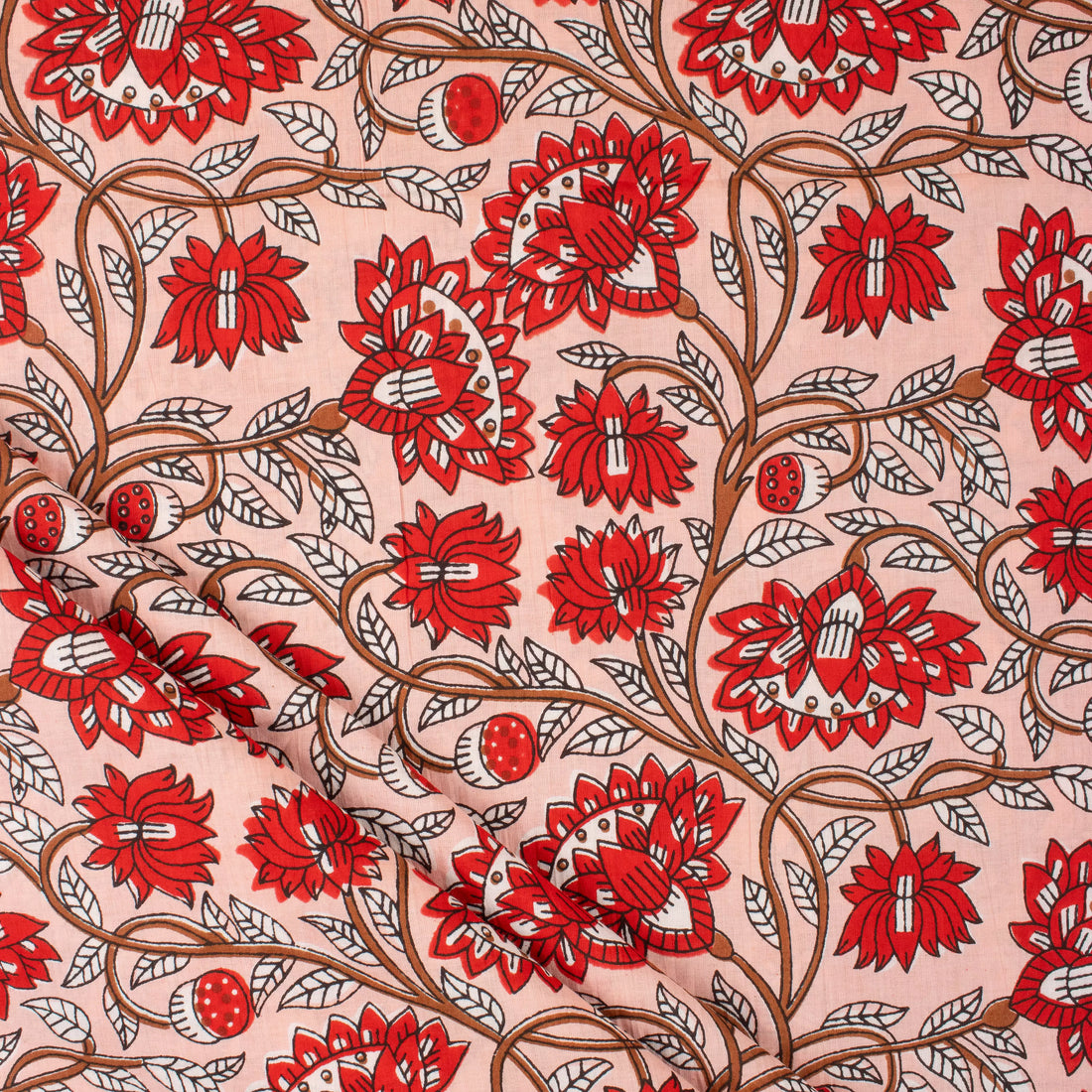 Red Floral Pure Cotton Block Printed Fabric India