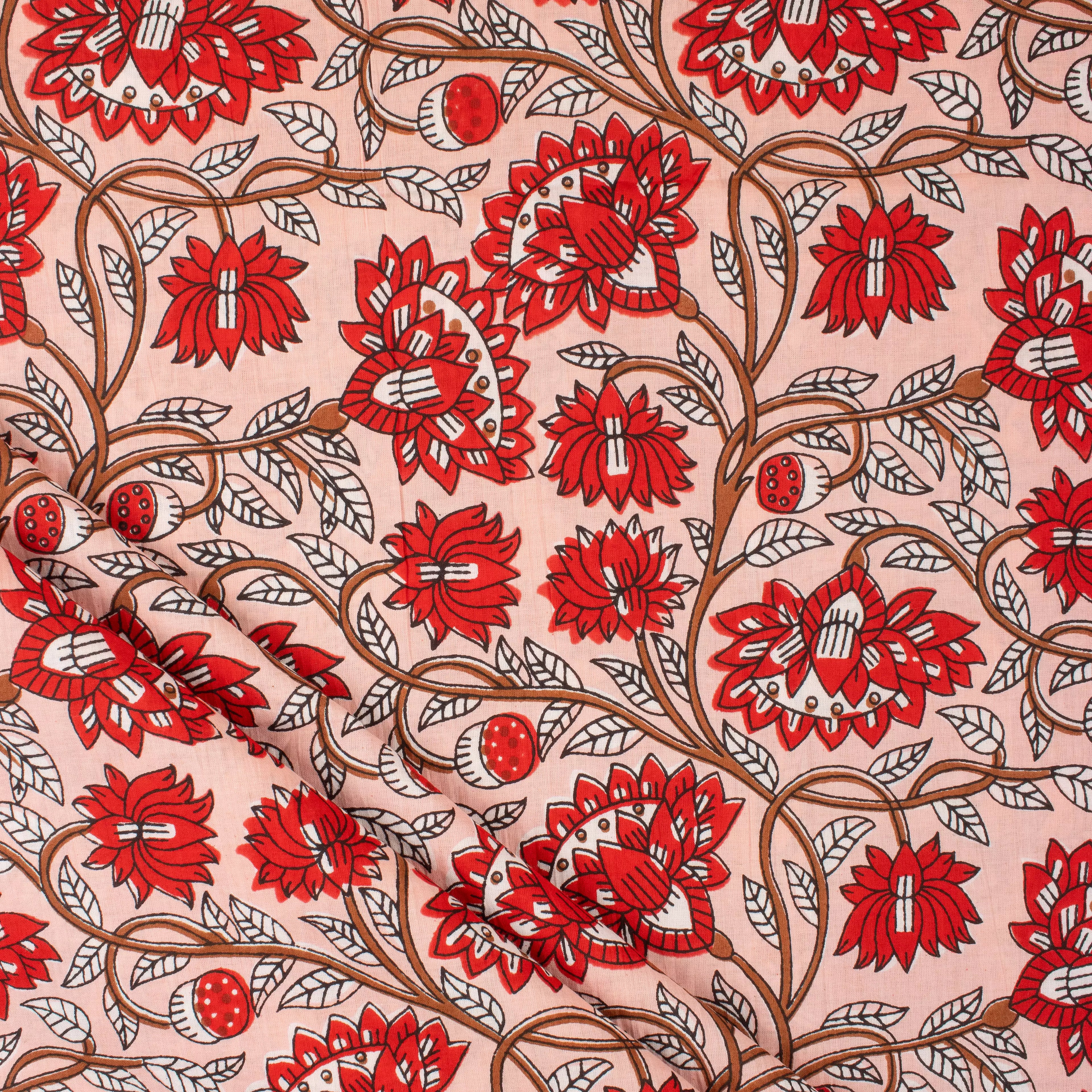 Red Floral Pure Cotton Block Printed Fabric India