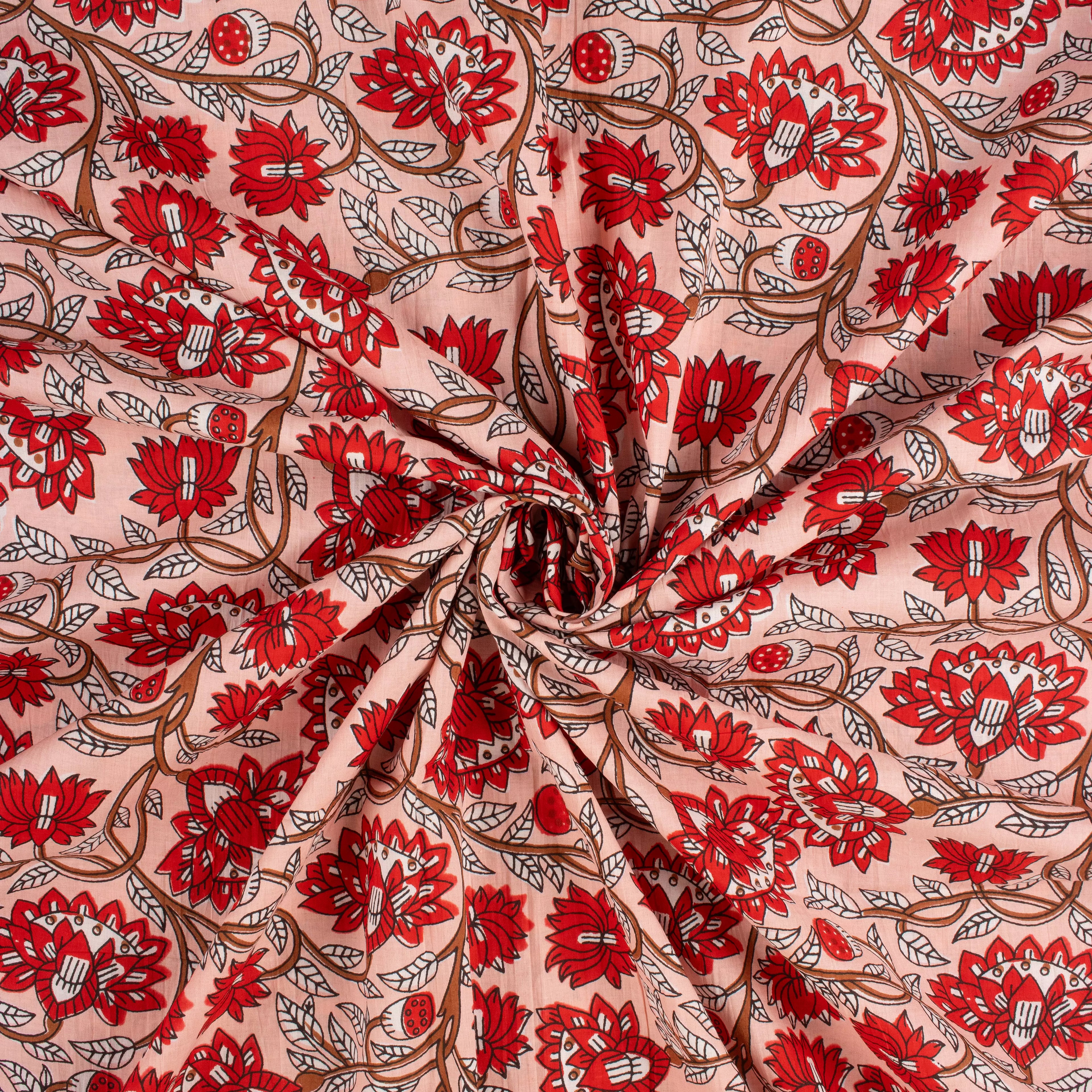 Red Floral Pure Cotton Block Printed Fabric India