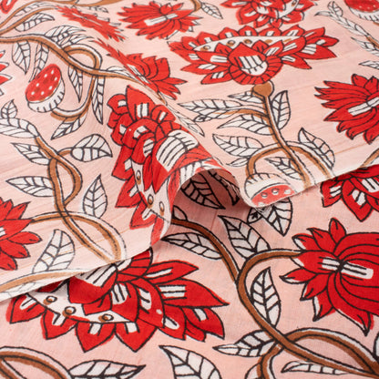 Red Floral Pure Cotton Block Printed Fabric India