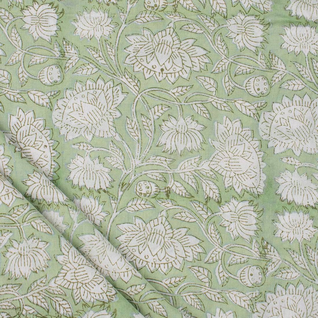 Olive Green Floral Hand Block Prited Fabric by Yard