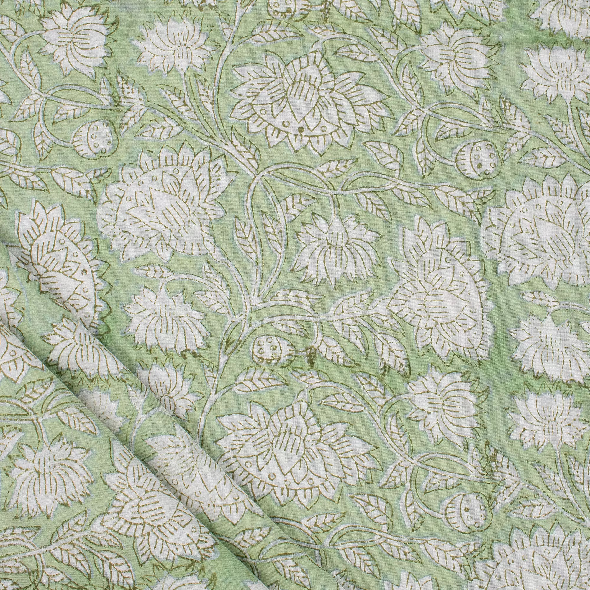 Olive Green Floral Hand Block Prited Fabric by Yard