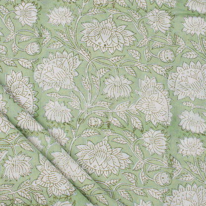 Olive Green Floral Hand Block Prited Fabric by Yard
