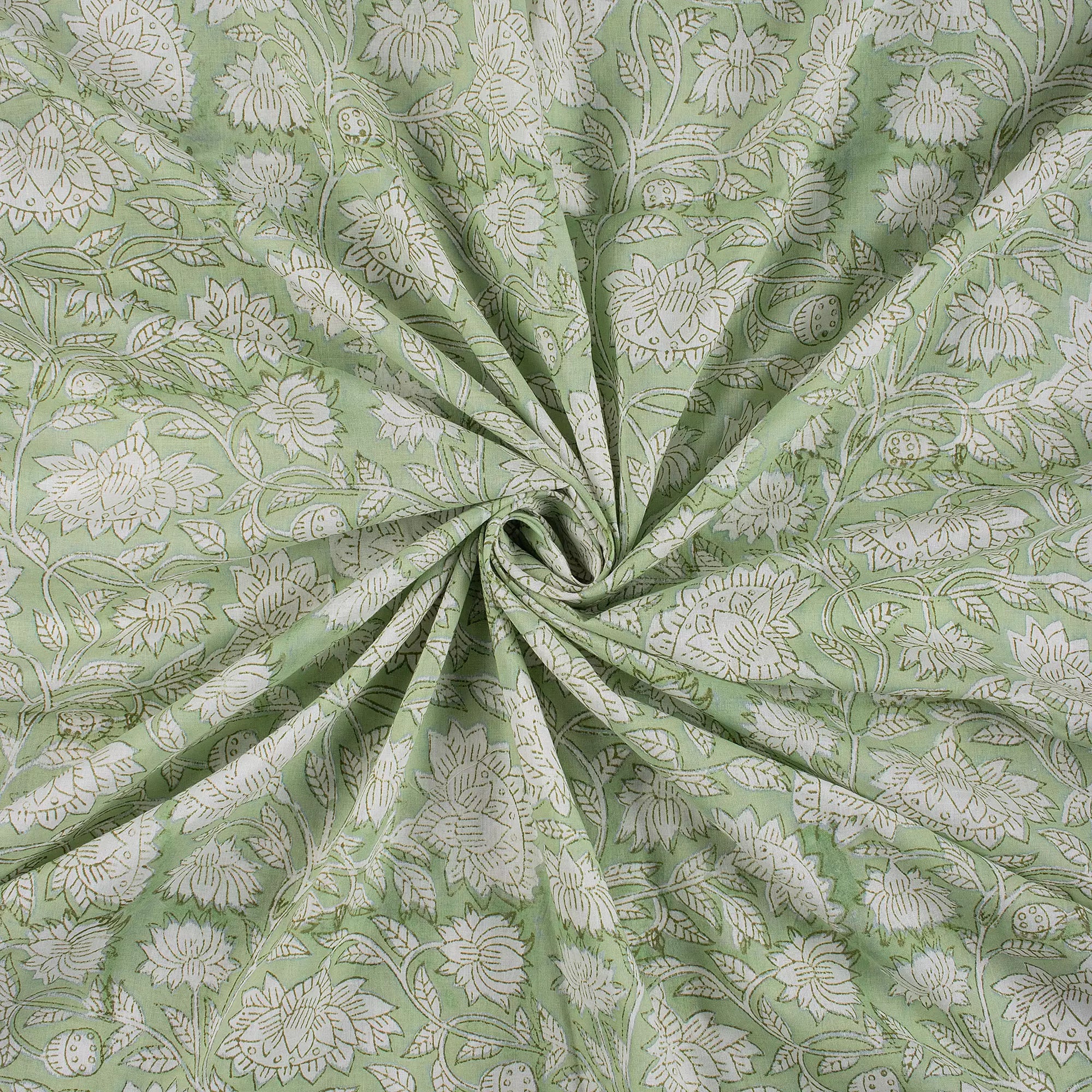 Olive Green Floral Hand Block Prited Fabric by Yard